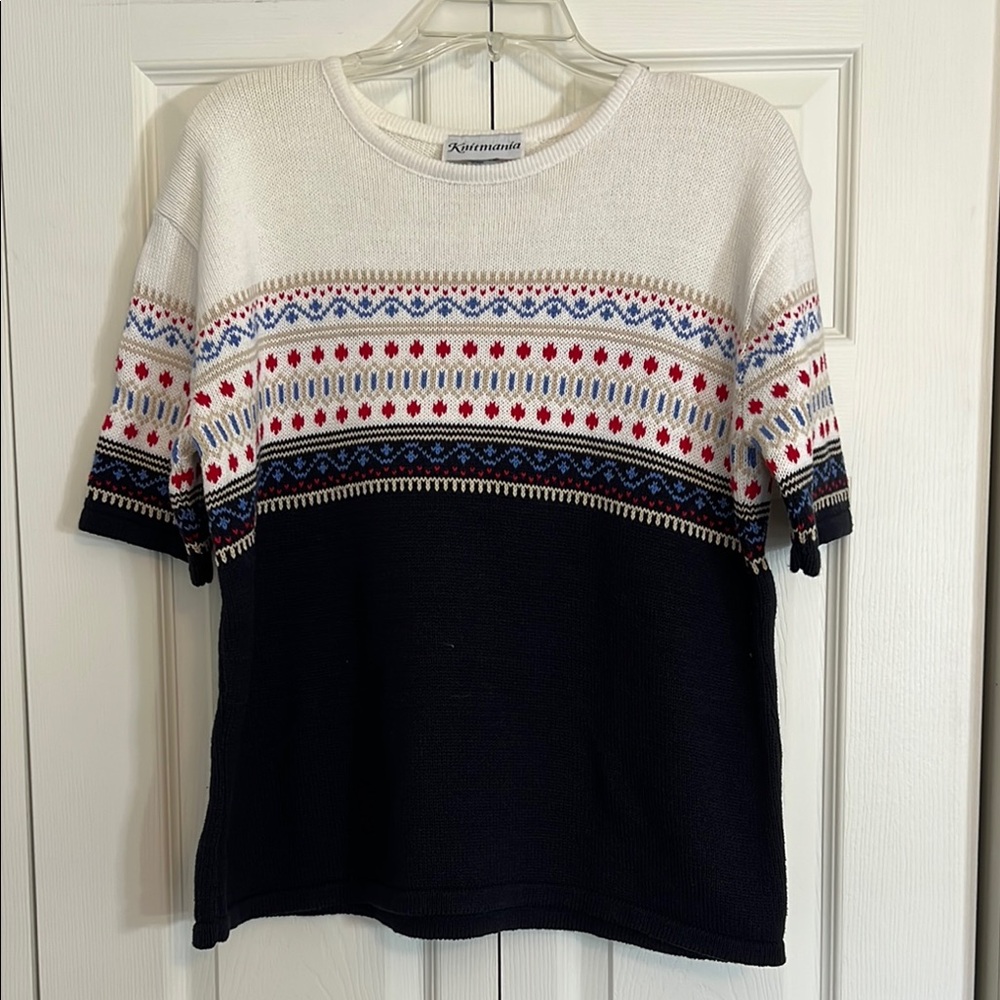 Knitmania Women’s size Large Multi colored Knit Short Sleeve Cotton Sweater F1.